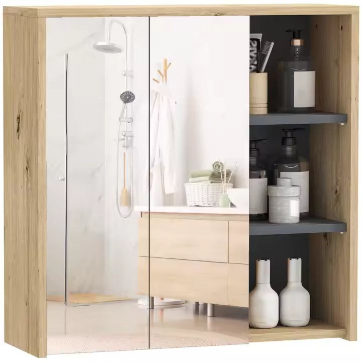 HOMCOM Mueble de baño con espejo Mueble de baño con espejo de pared con 3 estantes abiertos 2 puertas con espejo 60 x 20 x 60 cm madera natural - 1