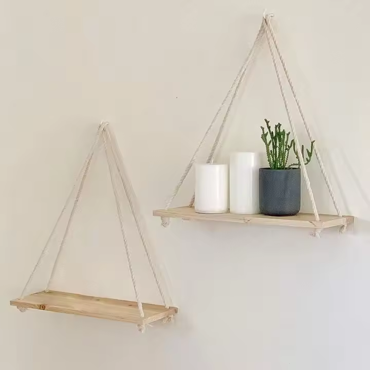 Soporte De Madera Para Pared Con Correa De Henequén Colgante Estilo Moderno Para Sala De Estar Y Jardín Organizador De Plantas Sin Marcas En La Pared Tamaño 35x14x0.9cm - 1