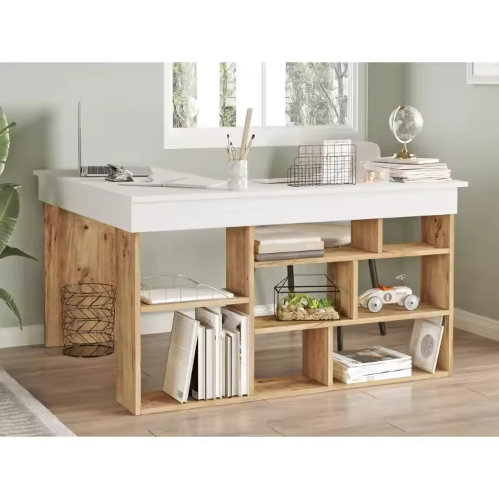 Vente-unique - Escritorio rinconera con compartimentos - Color: blanco y natural - LILEUL - 1