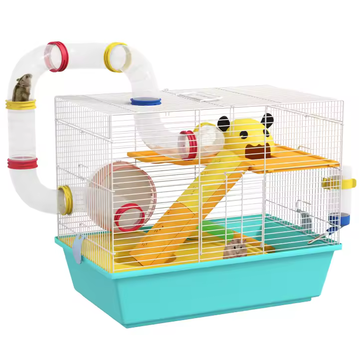 PawHut Jaula para Hámster Casa para Animales Pequeños con Túnel Plataformas Cuenco Bebedero Casita Rampas y Rueda de Ejercicio 45x28x37 cm Azul Claro - 1