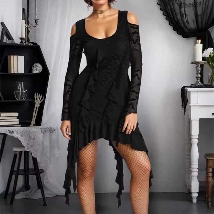Vestido De Fiesta Gótico Para Mujer Con Hombros Descubiertos Y Volante Largo Manga Completa Estampado Sólido Cuello En V Estilo Asimétrico S-2XL - 1