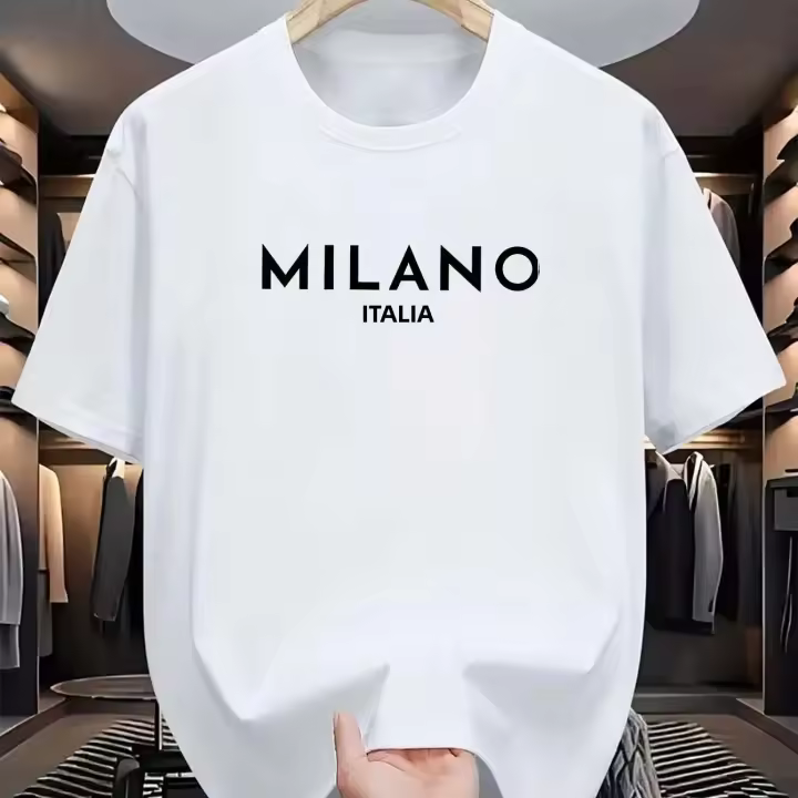 Camiseta De Algodón Puro 100% Para Hombre Estampado De Letras De MILANO ITALIA Casual Suelta Y De Moda Para El Verano Con Cuello Redondo Y Mangas Cortas - 1