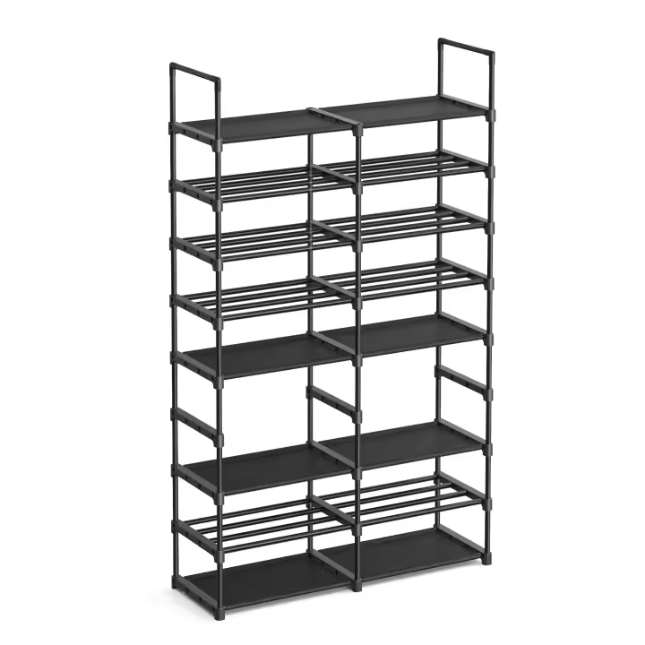 SONGMICS Zapatero Ajustable, Organizador de Zapatos de 8 Niveles, Estante para Zapatos, Tubos de Acero y Tela no Tejida, 32 Pares/48 Pares/64 Pares, Ahorra Espacio, para Entrada, Armario, Garaje, Negro Tinta - 1
