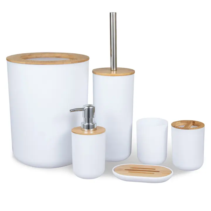 Juego de Almacenamiento de Baño de Bambú de 6 Piezas Dispensador de Jabón, Cepillo de Baño, Botella de Loción, Cubo de Cepillo de Dientes Accesorios de Baño de Almacenamiento - 1
