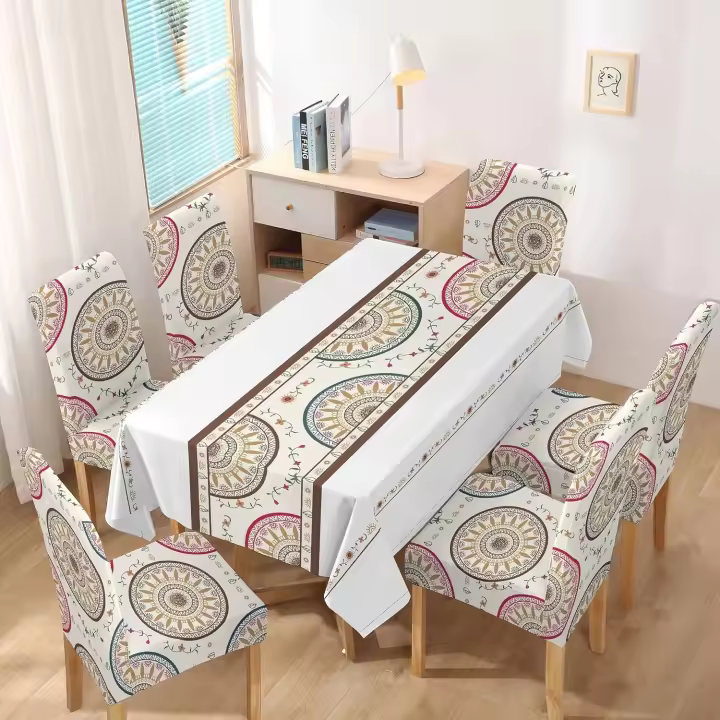 TODOBIEN STORE - Juego de Mantal y Funda de Silla, Mantel de Mesa Rectangulo 140 x 220, 6 Fundas para Silla con Elastico, 100% Poliester, Estampado Moderno. - 1