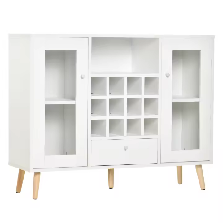 HOMCOM Aparador Buffet de Cocina Alacena de Almacenaje con Botellero Cajón Estante Abierto y 2 Armarios con Puertas de Cristal Moderno para Comedor 100x33x80 cm Blanco - 1