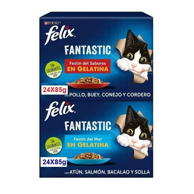 COMIDA GATOS FELIX FANTASTIC FESTIN DE MAR PACK 24X85g Y CARNE PACK 24X85g - 1