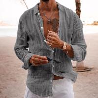 Camisa De Verano Para Hombre Casual Ligera De Color Sólido Suéter De Algodón Y Lino Abierta Individual Manga Larga Estilo Playa Vacaciones - details 4