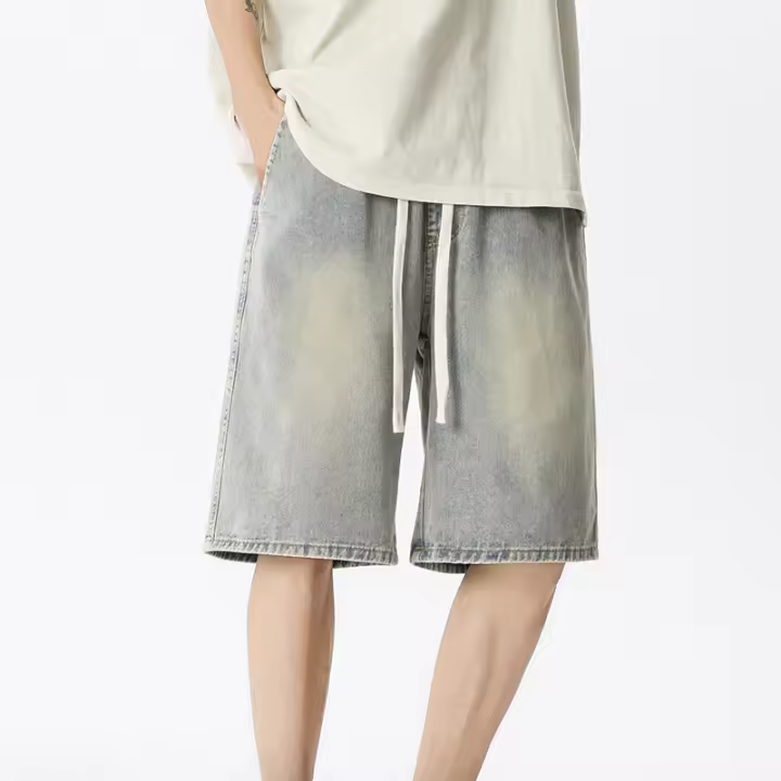 Bermudas anchas suaves y cómodas de color azul claro con cintura elástica de mezclilla Onales para hombre - 1