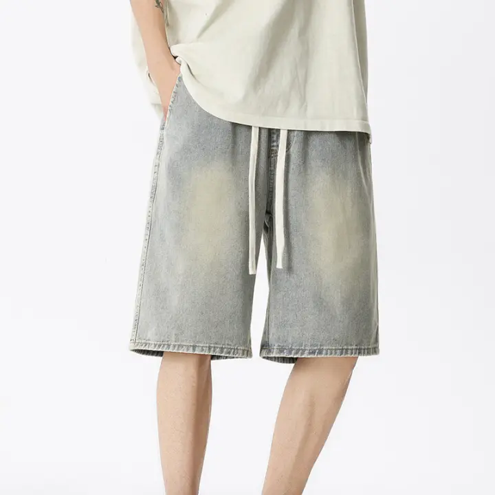 Bermudas anchas suaves y cómodas de color azul claro con cintura elástica de mezclilla Onales para hombre - 1