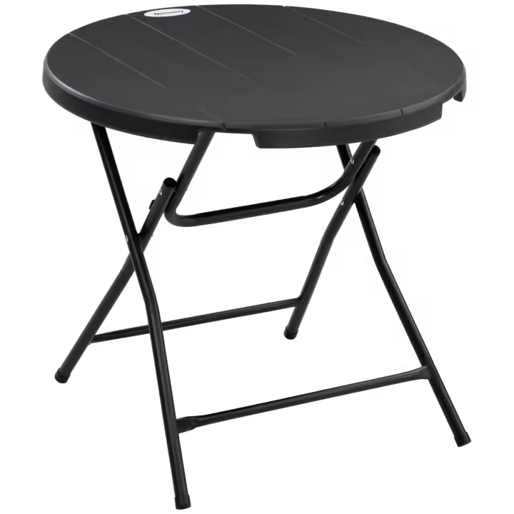 Outsunny Mesa de Jardín, Mesa Redonda Plegable, Mesa Auxiliar Ø80 cm para 4 Personas, Mesa de Camping, Mesa de Comedor de Jardín con Aspecto de Madera, para balcón, Terraza, HDPE, Gris Oscuro - 1