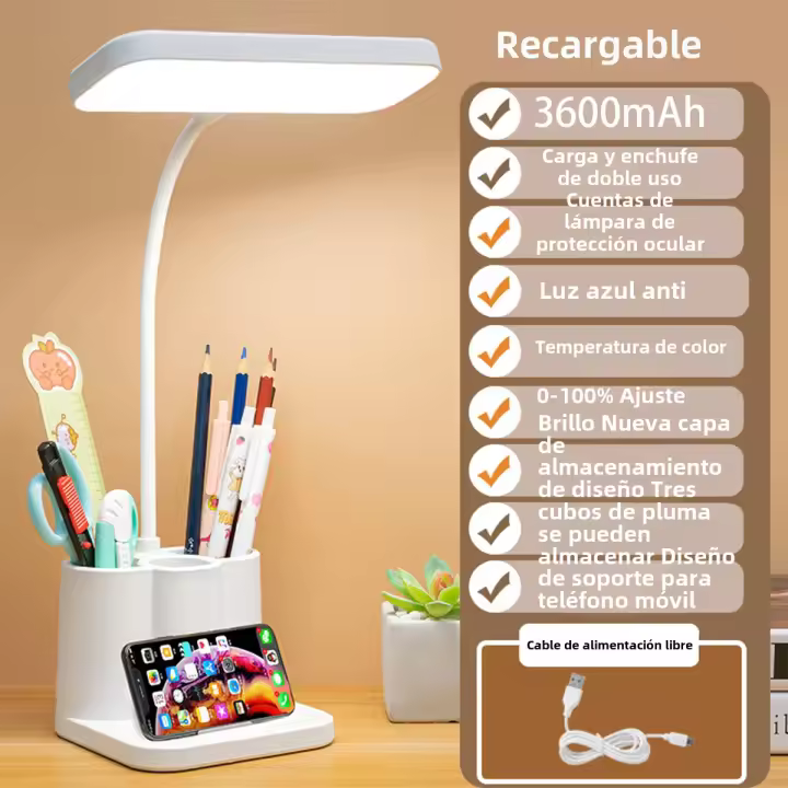 Lámpara De Mesa Recargable USB Luz Nocturna LED Protección Ocular 3 Niveles Regulables Táctil Para Estudio Dormitorio Y Bajo La Cama - 1