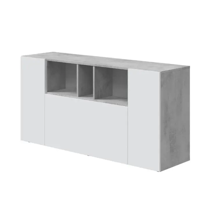 Meimon LOIRA Aparador 3 puertas en melamina E1 con estantes interiores regulables, zona central abierta en acabado madera, pistones 60Nw, bisagras metálicas, trasera MDF lacada, patas ABS ocultas. Medidas: 150x41x76 cm. Blanco Artik - 1