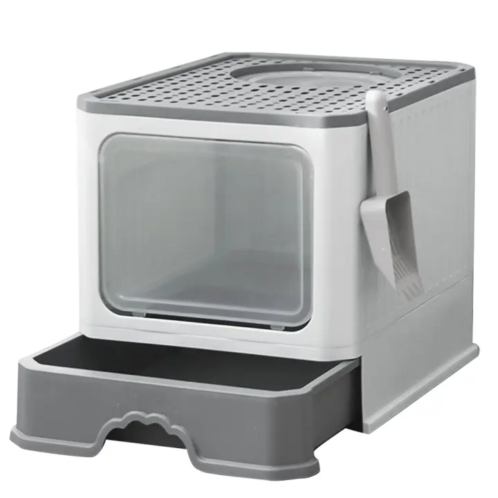 Caja de arena para gatos con bandeja extensible, caja de arena para gatos con puerta doble portátil plegable - 1