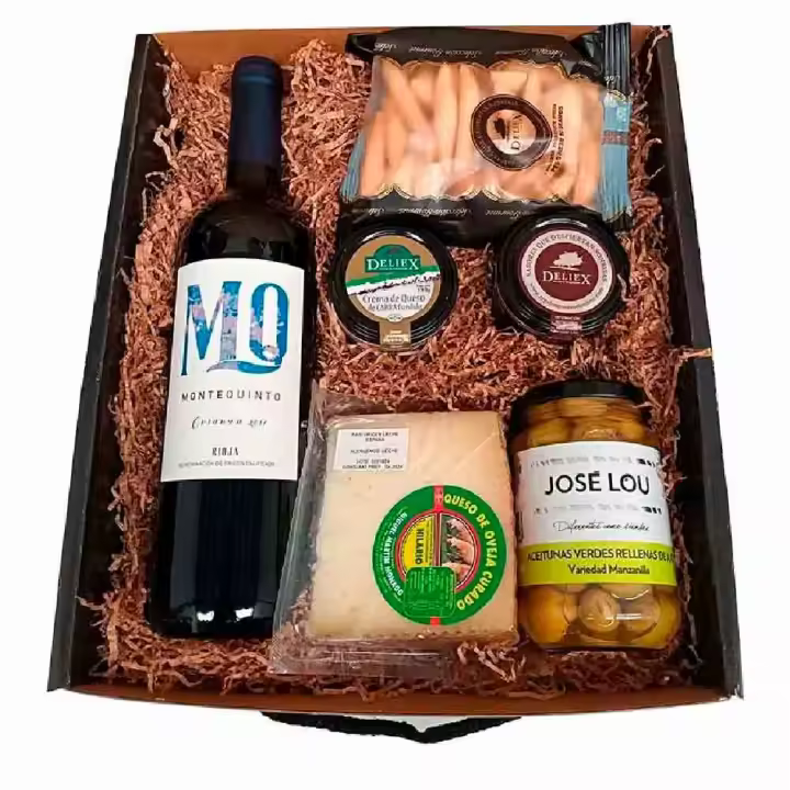 Deliex - Regalo Caja lote gourmet - Vino montequinto crianza, quesos en cuña y patés y cremas para Untar, paté de jamón, Aceitunas y colines, cestas de Navidad o regalos para cumpleaños y amigos o compromisos - 1