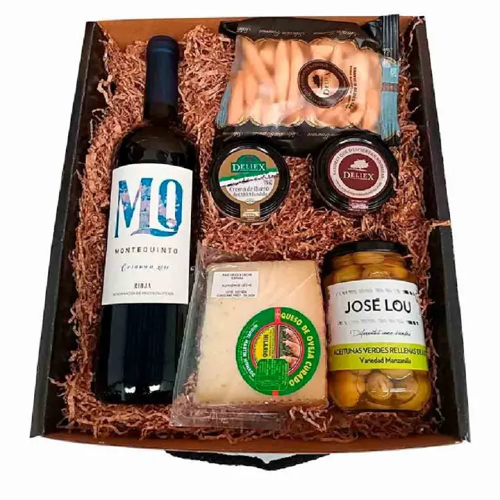 Deliex - Regalo Caja lote gourmet - Vino montequinto crianza, quesos en cuña y patés y cremas para Untar, paté de jamón, Aceitunas y colines, cestas de Navidad o regalos para cumpleaños y amigos o compromisos - 1