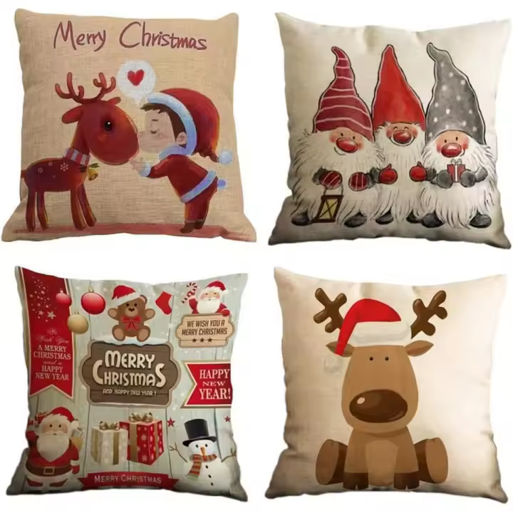 Feliz Navidad 4 Pack Encantador Papá Noel Alce Algodón Lino Throw Pillow Case Funda de Almohada para Cojín 45x45 cm - 1
