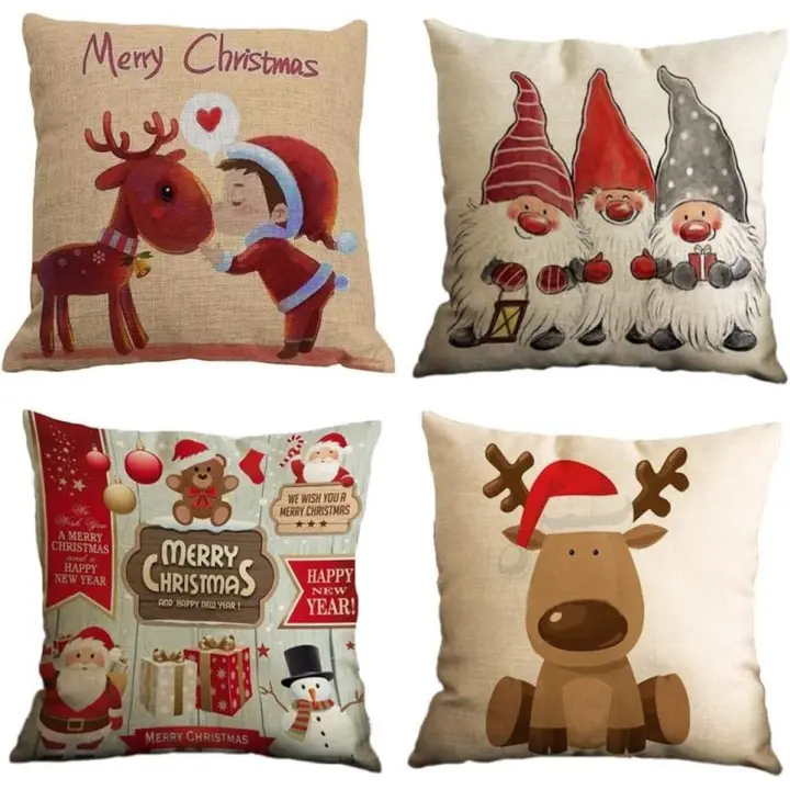 Feliz Navidad 4 Pack Encantador Papá Noel Alce Algodón Lino Throw Pillow Case Funda de Almohada para Cojín 45x45 cm - 1