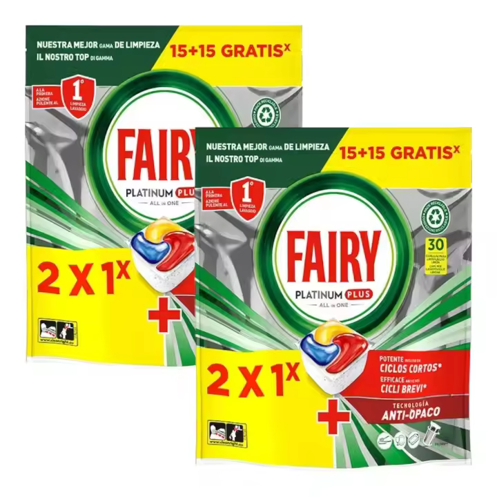 Fairy  Platinum plus Pack de 2 bolsas de 30 cápsulas de lavavajillas limon (60 cápsulas en total) - 1