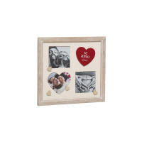 Portafotos Múltiple Amor con espacio para tres fotos (dos de 10 x 10 cm y una de 11 x 10 cm con forma de corazón) 29x1.5x27.5 cm - madera natural con la palabra “te amo” dentro de un corazón rojo - para colgar- ideal para demostrar tu amor - details 0