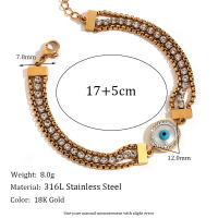 Pulsera Elegante De 3 Capas Con Perlas Y Circonia En Acero Inoxidable Platinado 18K Para Mujer Estilo Trendy Clavija De Seguridad - details 1