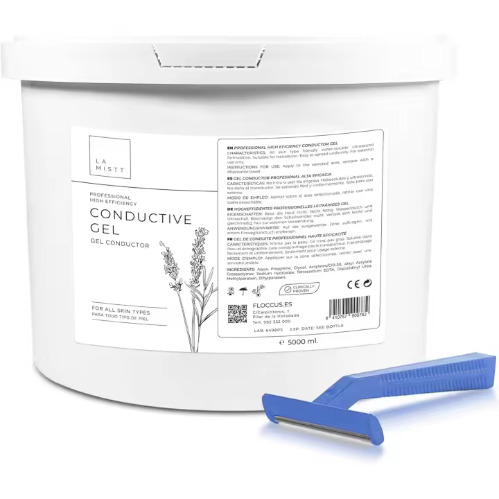 Pack Gel Conductor Cubo 5L + 100 Cuchillas de Afeitar Desechables  Gel Conductor Profesional para Electroestimulación, Electrodos, Ultrasonidos, Cavitación, Aparatología Profesional - 1