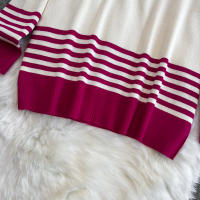 Conjunto De Ropa De Mujer REALEFT Otoño Invierno 2 Piezas Traje De Pista Tejido Con Cuello Alto Rayado Y Pantalones Rectos Polyester Estilo Casual - details 11