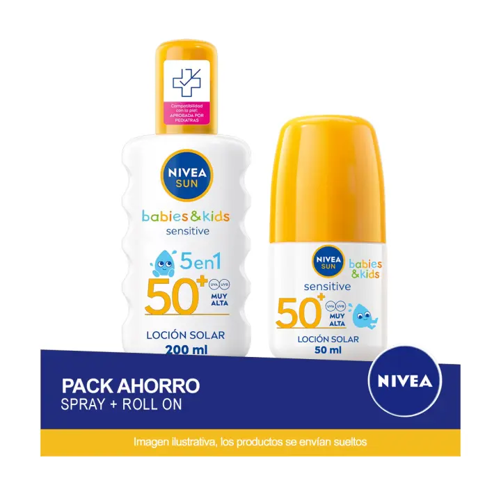 NIVEA SUN Pack ahorro Sentitive Kids: Contiene FP 50+ Spray Solar Niños Sensitive + FP 50+ Roll on Niños Sensitive. Protección muy alta - 1
