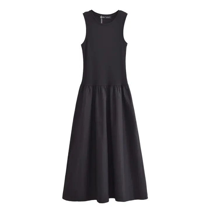 Vestido Largo Tejido MUJER Para Mujer Sin Mangas Fiesta Vestido Negro Draped Maxi Retro Patchwork Ankle-Length Polyester - 1