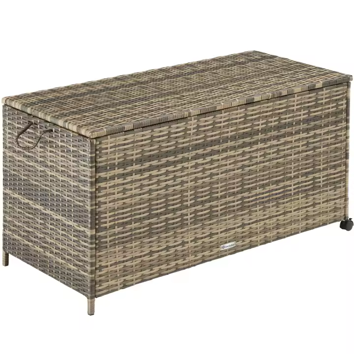 Tectake - Baúl de almacenaje KUUSAMO con estructura de aluminio y ruedas 297 l  117 x 54 x 64 cm  Gran espacio de almacenamiento  Fino trenzado de ratán sintético resistente a la intemperie  Estructura estable de aluminio ligero e inoxidable - 1