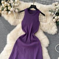 Vestido Midi Bodycon A-Line De Mujer Sin Mangas Patchwork Tejido Long Sundress Malla Elástica Estilo Callejero Verano 2024 - details 17