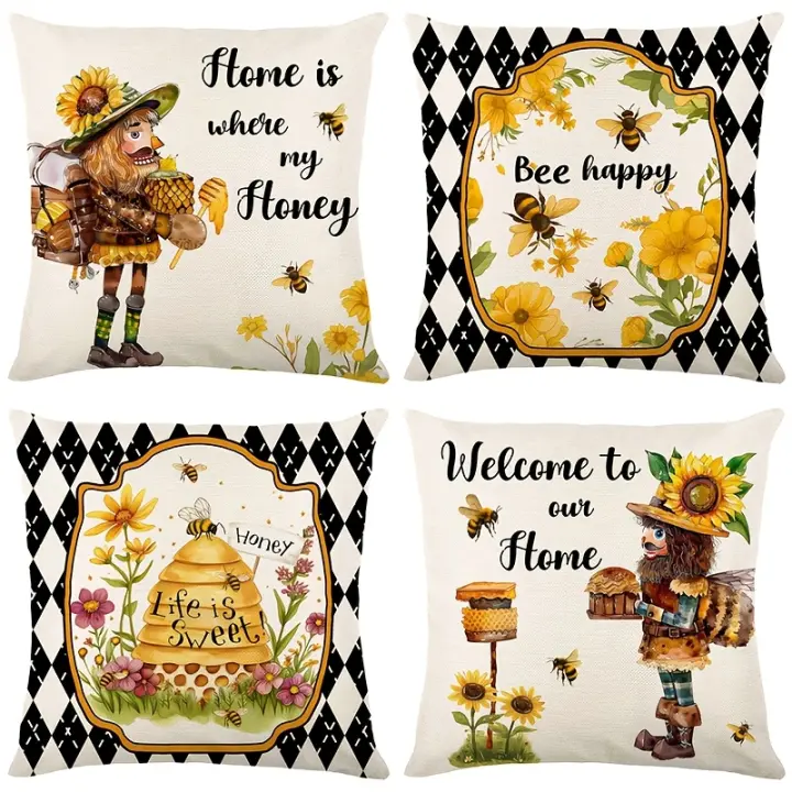 Paquete de 4 fundas de almohada con estampado de flores y abejas contemporáneas, poliéster tejido, cierre de cremallera, fundas de cojines decorativos para el hogar y la sala de estar-Lavable a máquina - 1