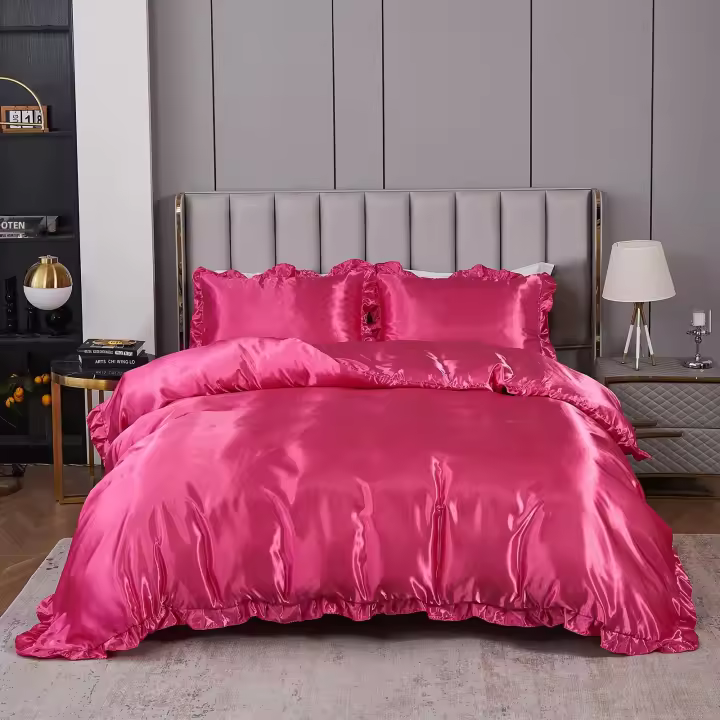 Set De Edredón Satinado 3PCS Rosa Y Rosa Claro Seda Suave Con Volante Patrón De Lujo Colchón Funda De Edredón Moderno Para Cama - 1