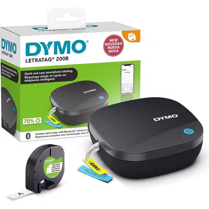 DYMO LetraTag 200B Rotuladora Etiquetadora Impresora de Etiquetas Compacta, Conexión Inalámbrica Bluetooth a iOS y Android - Incluye 1 Cinta de Etiqueta de Papel Blanco - 2172855 - 1