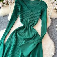 Vestido Largo Elegante Para Mujer Con Mangas Flared Y Volantes Cuello V Solido Bodycon Para Fiesta Y Oficina Polyester Mid-Calf - details 5