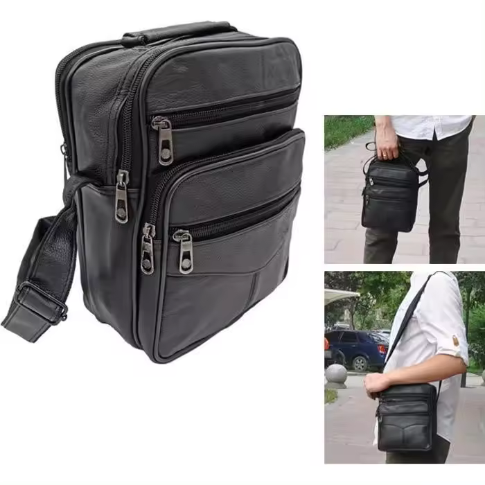 Bolso bandolera de piel para hombre, color Negro, tamaño 21x26x10 cm, Correa ajustable para el hombro. - 1