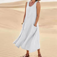 Vestido Sin Mangas De Algodón Y Lino Para Mujer Vestido De Verano Casual Cuello En V Largo Hasta La Rodilla Con Bolsillos - details 0
