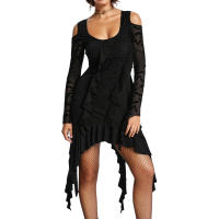 Vestido De Fiesta Gótico Para Mujer Con Hombros Descubiertos Y Volante Largo Manga Completa Estampado Sólido Cuello En V Estilo Asimétrico S-2XL - details 4