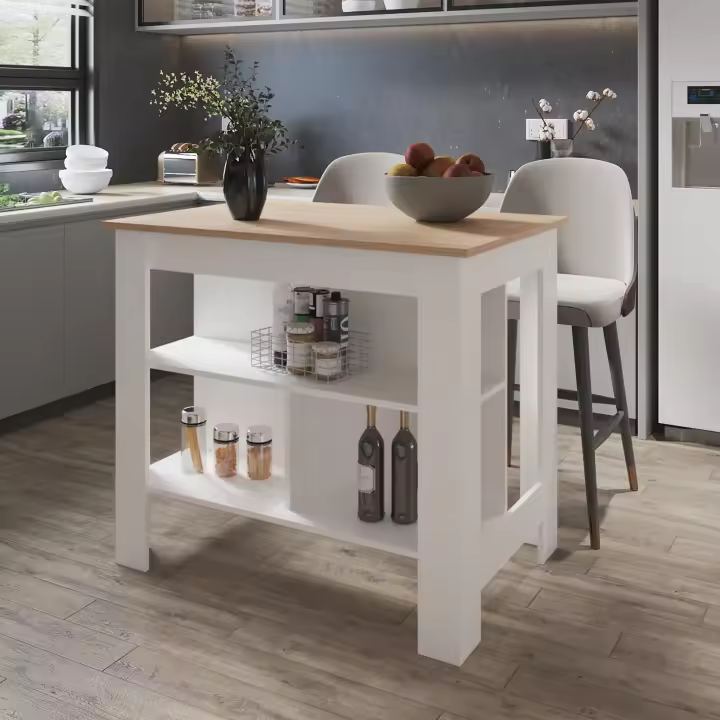 TUHOME Isla de cocina Cala en melamina con 3 estantes ,  Rovere / Blanco , 90 cm X 103 cm X 70 cm - 1