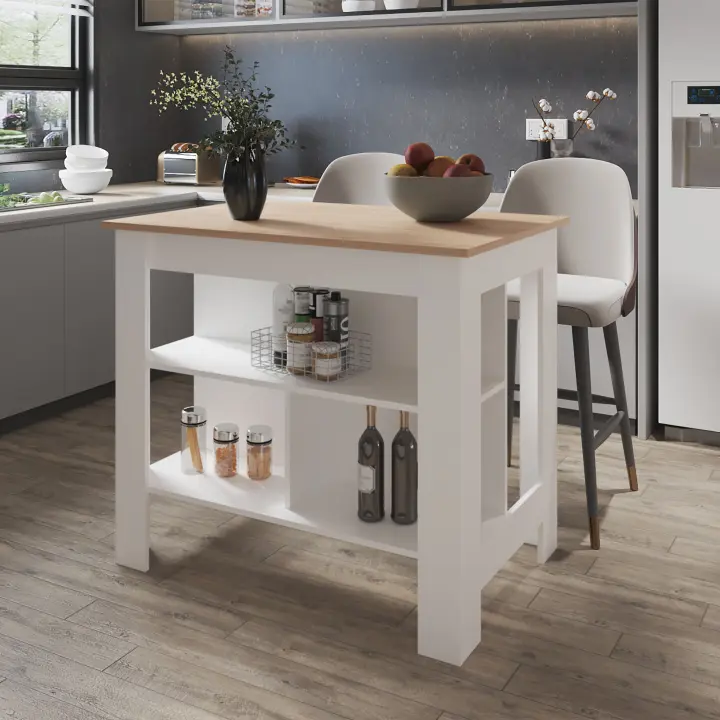 TUHOME Isla de cocina Cala en melamina con 3 estantes ,  Rovere / Blanco , 90 cm X 103 cm X 70 cm - 1