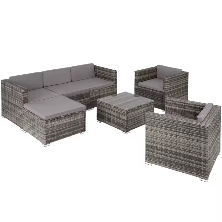 Tectake - Conjunto de ratán Lignano con 2 sillones  Conjunto de ratán de siete piezas  Fino trenzado de ratán sintético con protección UVA  Sólida estructura de acero con revestimiento en polvo - 1