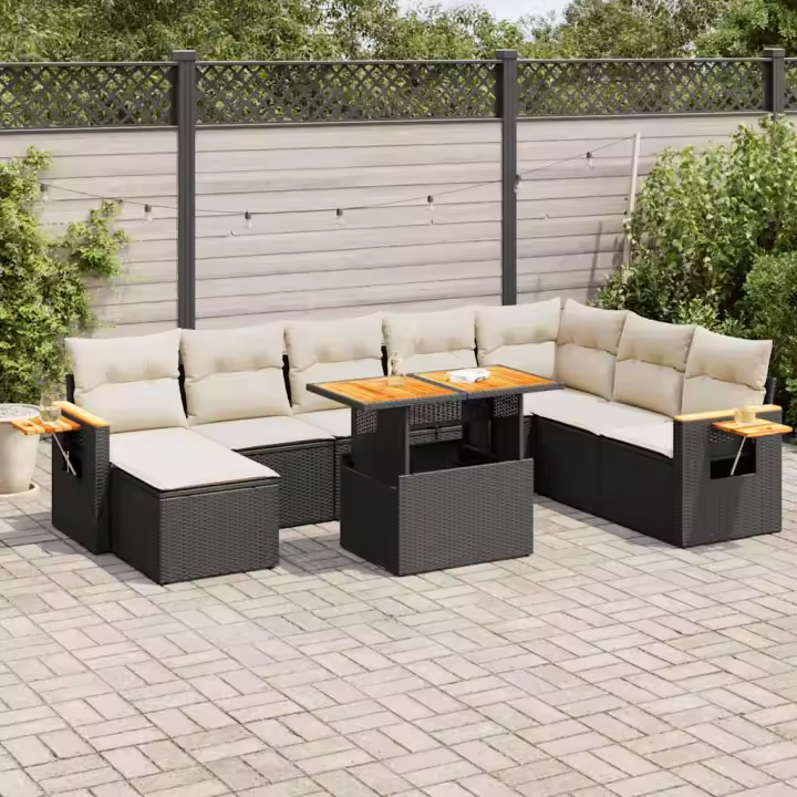 vidaXL Set sofás jardín y cojines 9 pzas ratán sintético acacia negro - 1
