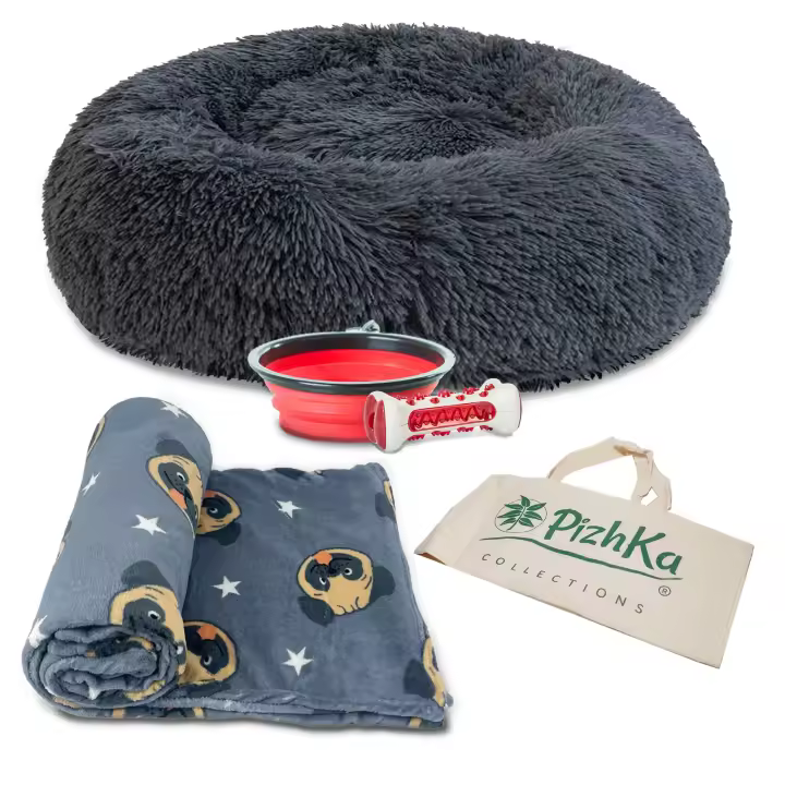 Pizhka - Set Cama Donut para Perros + Manta para Perros Coche/ Sofá + Comedero Viaje Plegable para Perros + Juguete Limpia Dientes para Perros - Kit Bienvenida Perros Medianos (modelo Alcoy) - 1