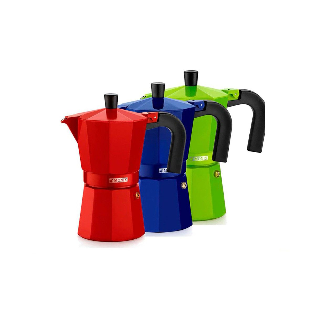Monix - Cafetera Italiana de Aluminio. Fresa, cobalto o Lima. De 3 a 9 tazas. Para cocina de gas, vitroceramica y eléctrica