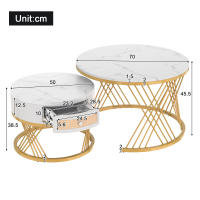 Mesa de Centro Redonda 2 en 1 de MDF con tapa de mármol y Mesa Auxiliar Con Cajones de plástico, Tiradores de Madera maciza. Pata de Hierro Dorado. 70*70*45,5 + 50*50*38,5 cm - details 6
