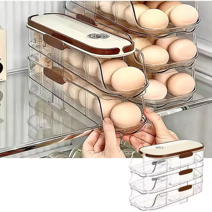 Rejilla portátil para huevos para refrigerador, contenedor para huevos con rueda automática, 3 niveles(1piezas) - 1