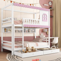 Etagenbett, Kinderbett Mit Fenstern, MIT Fallschutzgitter, Offenes Regal, Rosa Trufe, Zwei Schubladen MIT Rolls, Reichlich Stäuraum, Kiefer + MDF, Weiß + Rosa, 90x200cm - details 5