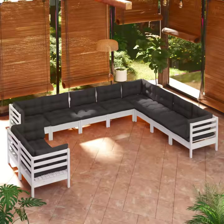 vidaXL Muebles de jardín 10 pzas y cojines blanco madera maciza pino - 1