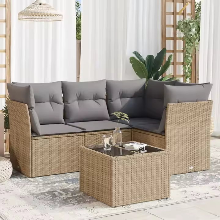 vidaXL Juego de sofás jardín con cojines 5 pzas ratán sintético beige - 1