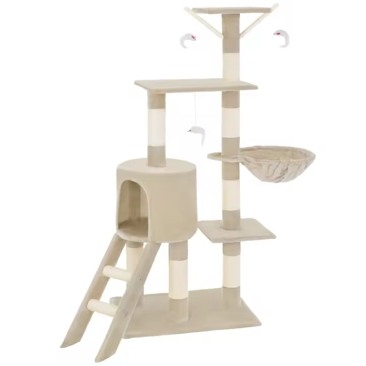 Tectake - Rascador para gatos Dominik, Altura de 144 cm, Con una caseta para gatos, Zona para tomar el sol y mirador, Incluye sistema de protección antivuelco, Incluye escaleras y 3 ratones de juego - 1